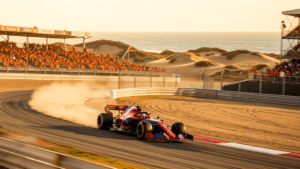 Formule 1 auto op Circuit Zandvoort met oranje tribunes