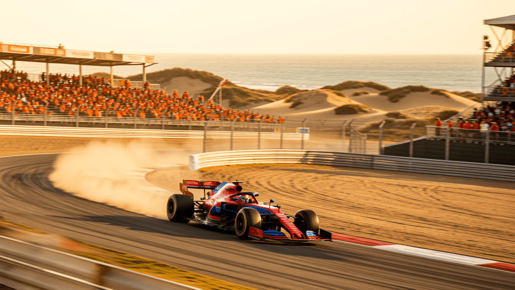 Formule 1 auto op Circuit Zandvoort met oranje tribunes