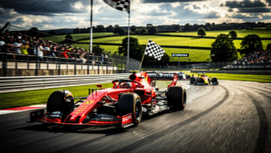 Dramatic Formula 1 racing scene at Silverstone Circuit during the 2026 British Grand Prix featuring Charles Leclerc's Ferrari leading the pack