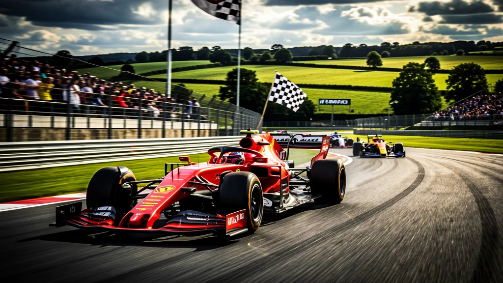 Dramatic Formula 1 racing scene at Silverstone Circuit during the 2026 British Grand Prix featuring Charles Leclerc's Ferrari leading the pack