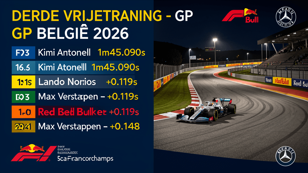 Kimi Antonelli Mercedes wint derde vrije training GP België 2026 op Spa-Francorchamps met tijd van 1m45.090s, gevolgd door Lando Norris McLaren en Max Verstappen Red Bull