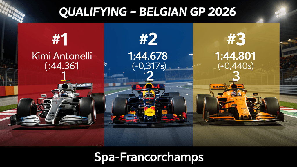 Kimi Antonelli Mercedes pole position kwalificatie GP België 2026, Max Verstappen tweede en Lando Norris derde