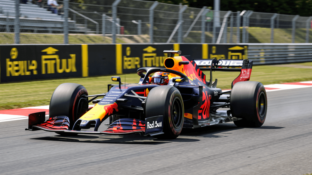 F1 Red Bull racewagen met Isack Hadjar coureur, Belgische Grand Prix circuit Spa-Francorchamps achtergrond