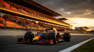 Max Verstappen in Red Bull RB22 op Circuit Zandvoort tijdens Dutch Grand Prix met oranje tribunes