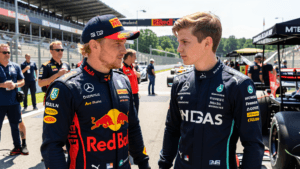 Max Verstappen en Kimi Antonelli in gesprek in de paddock na de Hongaarse Grand Prix 2026