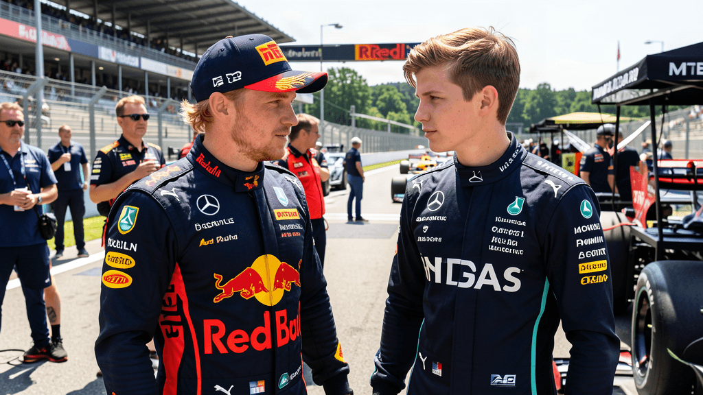 Max Verstappen en Kimi Antonelli in gesprek in de paddock na de Hongaarse Grand Prix 2026