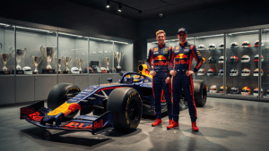 Max Verstappen staat naast klassieke Red Bull F1 auto in moderne museumhal met trofeeën en helmen in glazen kasten