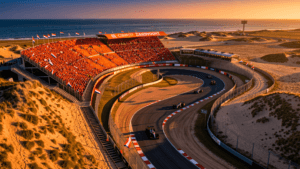 Circuit Zandvoort tijdens de Dutch Grand Prix met oranje tribunes en F1-auto's in de Tarzanbocht