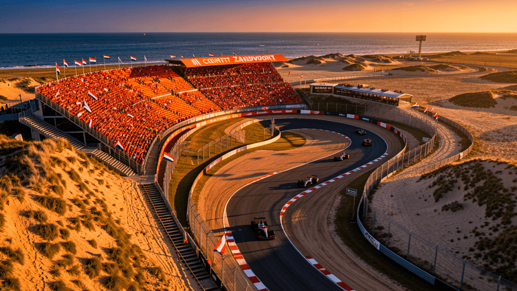 Circuit Zandvoort tijdens de Dutch Grand Prix met oranje tribunes en F1-auto's in de Tarzanbocht