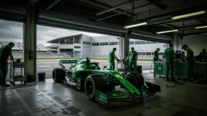 Aston Martin Aramco F1 Team garage at Silverstone with green F1 car