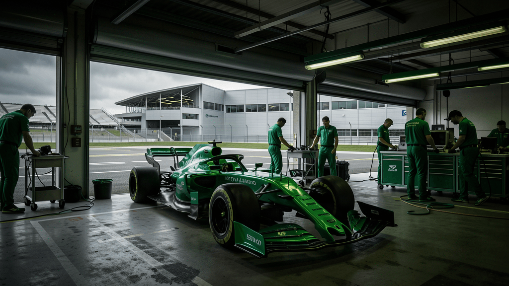Aston Martin Aramco F1 Team garage at Silverstone with green F1 car