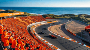 Circuit Zandvoort tijdens de Dutch Grand Prix met gevulde oranje tribunes