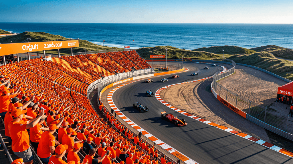 Circuit Zandvoort tijdens de Dutch Grand Prix met gevulde oranje tribunes